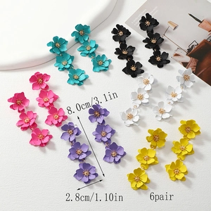 Set of 6 pairs of colorful tiered flower drop earrings in trendy long hanging style