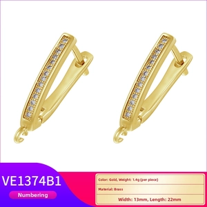 Detailed specs of gold plated brass U-shape earrings with zircon inlay, 13mm by 22mm