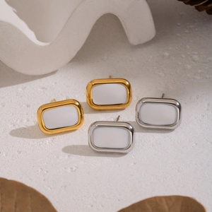 Minimalist geometric rectangle stud earrings in gold and silver with white inlay