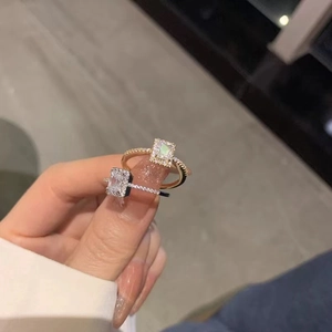 Elegant gold and silver square-cut zircon halo rings with micro-pave adjustable bands