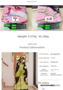 Detailed size chart and weight specifications for casual digital print jumpsuit with lacing