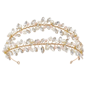 Golden double-layer crown headband with crystal pearls for weddings and parties