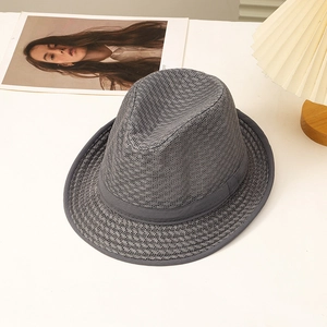 Classic grey mesh fedora hat with breathable hollow weave and stylish ribbon band