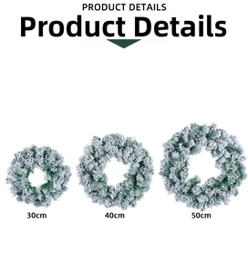 Three sizes of frosted Christmas PVC wreaths with snow effect in 30cm, 40cm, and 50cm diameter