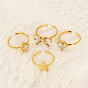 Elegant gold plated stainless steel ring set with zircons and butterfly heart star designs