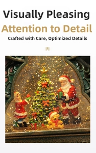 Close-up of a Christmas music box featuring Santa and a snow-covered tree with golden glitter