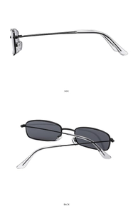 Side and back view of retro rectangle metal sunglasses with black frames and dark lenses