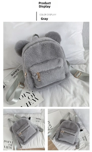 Close-up of grey plush backpack with cute round ears and gold metal zipper details