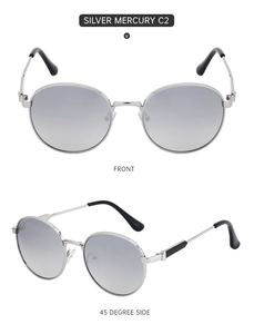 Close-up of retro round silver metal sunglasses with gradient grey lenses from dual angles