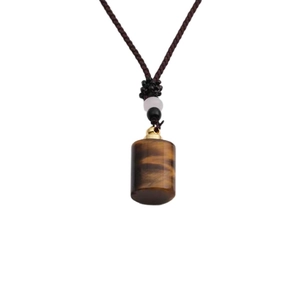 Tiger Eye stone perfume bottle pendant necklace with brown braided rope and beads