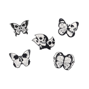 5-piece set of Gothic black and white skull butterfly enamel pins on a white background