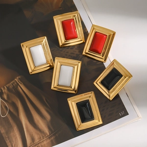 Vintage 18K gold plated stainless steel rectangular earrings in red white and black