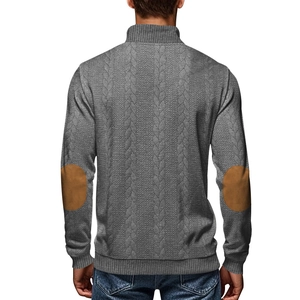 Men's grey knit sweater with brown elbow patches and textured cable knit design back view