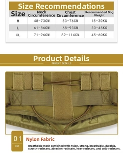 Size chart and details of durable nylon tactical dog harness with breathable mesh material