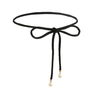 Elegant black velvet knot waist chain with white pearl pendants and golden metal caps