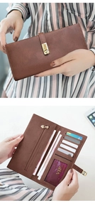 Detail of a brown long wallet showing multiple card slots, ID window, and zipper pocket