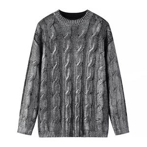 Pull Femme Maille Torsadée Argent Métallisé Col Rond Manches Longues Ample