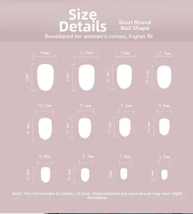 Detailed size chart for short round press-on nails with twelve dimension specifications
