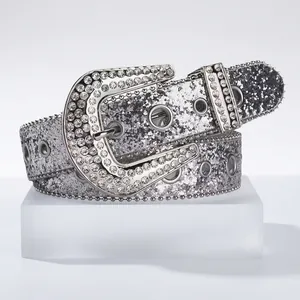 Women Western Rhinestone Belt Fashion Bling Sequin Waist Belt With Alloy Pin Buckle Shiny Decorative Pant Belt For Ladies