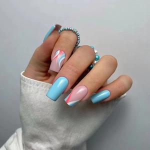 Press On Nails Blue Pink White Wave Pattern Square Round Shape Glossy False Nails For Women Daily Manicure Decorative