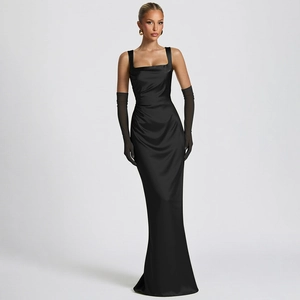 Elegant black satin gown featuring a corset waist, square neckline, and draped ribbon details