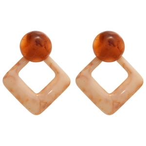Retro resin geometric drop earrings with amber bead and marble diamond shaped pendant