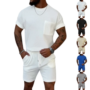 Men Waffle Knit Short Sleeve T-shirt And Shorts Casual Summer Sports Loungewear Loose Pocket Round Neck