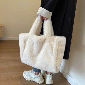Cream white faux fur tote bag with plush fluffy texture and large capacity handles