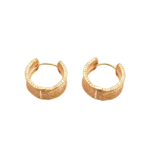 18K gold plated wide hoop earrings with textured leaf relief and retro beaded edges