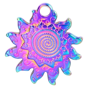Detailed macro view of rainbow plated stainless steel sun pendant with spiral pattern