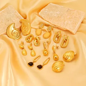 Boucles D'Oreilles Pendantes Goutte D'Eau Plaquées Or 18 Carats Acier Inoxydable Texture Spirale Irrégulière Bijoux De Mode