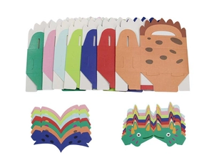 Flat lay of dinosaur-themed party gift boxes in various colors with thick cardstock parts
