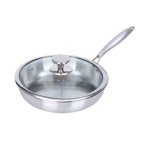 Three-layer stainless steel frying pan with a clear glass lid and ergonomic handle
