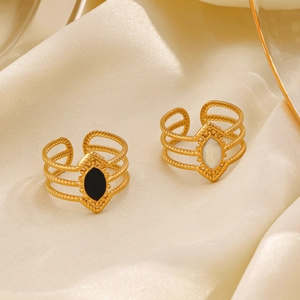 Vintage gold-plated stainless steel open rings with black and white oval gemstones