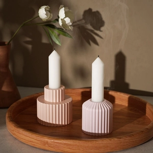Pink geometric stripe resin candle holder set with elegant vertical textures and candles