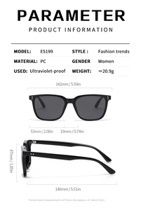 Detailed dimension guide for black square frame sunglasses with UV400 protection