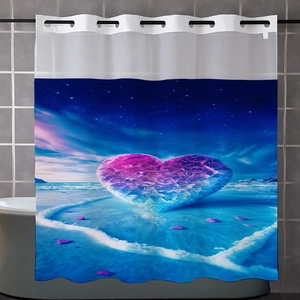 Detail showing high-quality waterproof waffle weave shower curtain with blue sea heart print