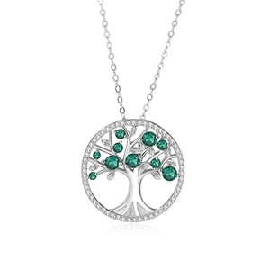 S925 Sterling Silver Tree of Life necklace with green cubic zirconia and clear stones