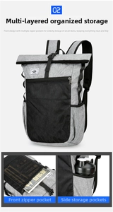 Detail view of large capacity waterproof backpack featuring front mesh zip pocket and side storage