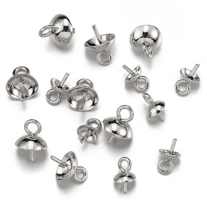Silver stainless steel pearl cup bails and mushroom head caps for jewelry DIY crafts
