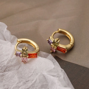 Gold-plated hoop earrings with multi-color cubic zirconia stones in a cross pattern