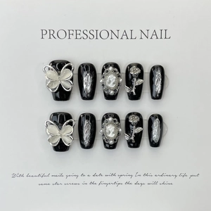 Handmade gothic press-on nails set with silver 3D butterflies and floral metal accents