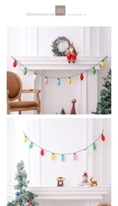 Colorful felt light bulb garland hanging on fireplace for festive Christmas decoration