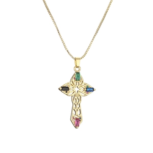 Golden cross necklace with colorful micro-pave crystals and polished box chain