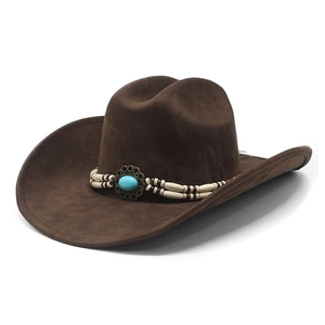 Dark brown western cowboy hat with turquoise ethnic beaded band on white background