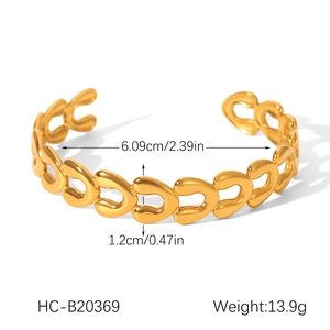 Detail view of 18k gold plated stainless steel open bangle with size and weight specs