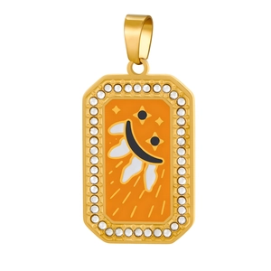 Detailed close-up of golden rectangular sun smile pendant with orange enamel and zircons