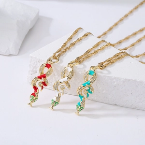 Snake Pendant Necklace Copper 18K Gold Plated Cubic Zirconia Enamel Animal Clavicle Chain Jewelry For Women