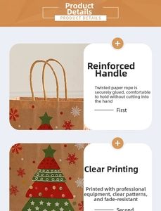 Detail of Christmas kraft paper bag showing reinforced twisted handles and festive print