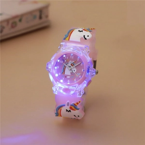 Luminous unicorn kids quartz watch with pink silicone strap and glowing LED lights